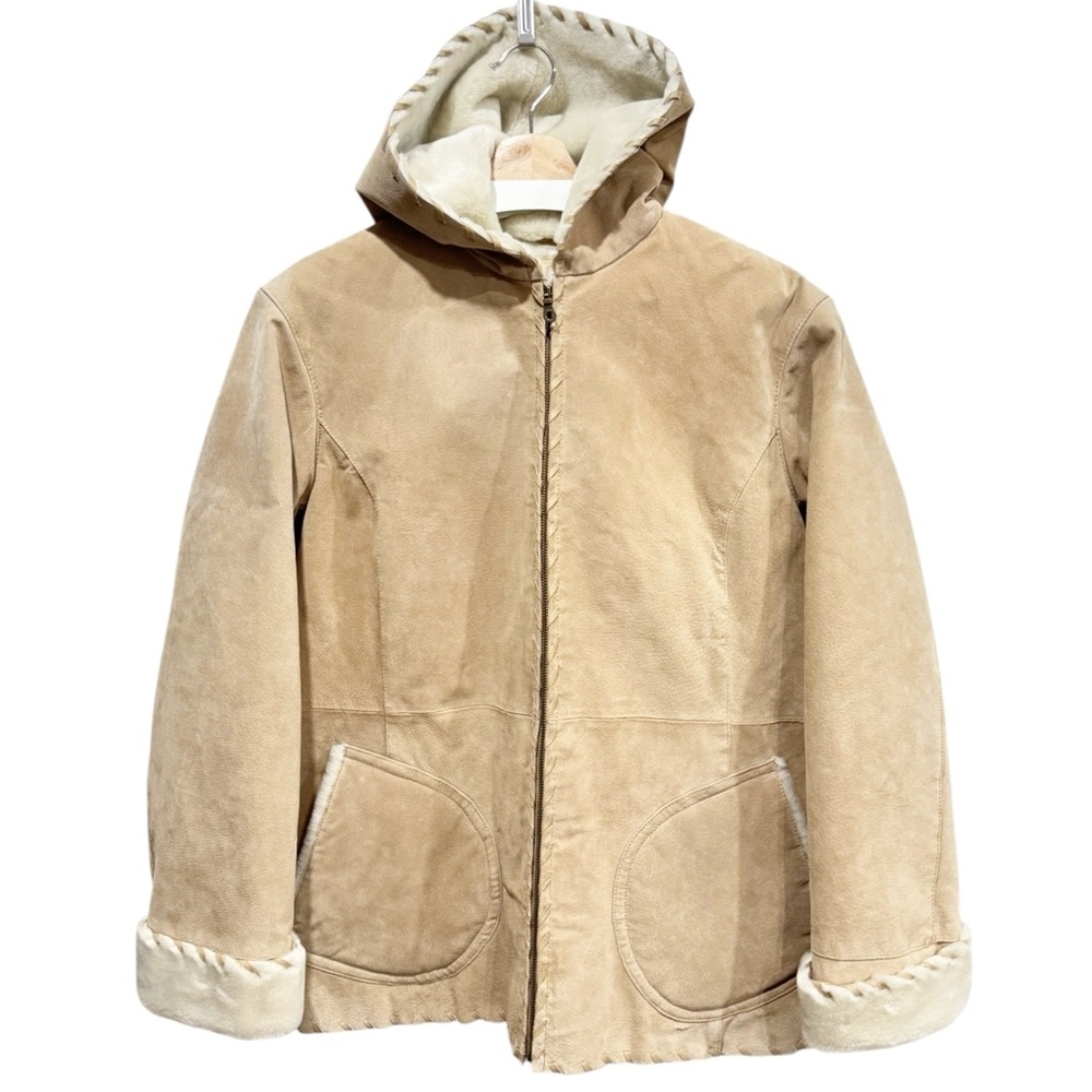 Wilsons Leather Tan Suede Coat‎ Ivory Faux Fur Lined Hooded Jacket Womens 1X